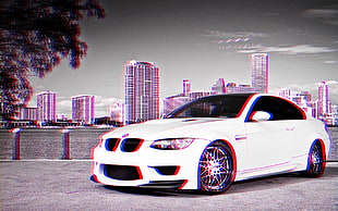 white BMW 3 series E90 coupe, anaglyph 3D