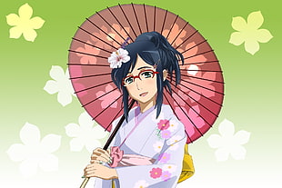 Female anime character in white floral kimono traditional dress