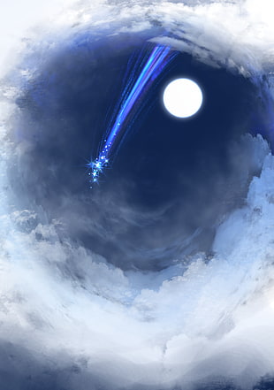 blue star and moon illustration, digital art, artwork, meteors, clouds
