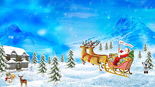 Santa riding sleigh flying on snowy mountain