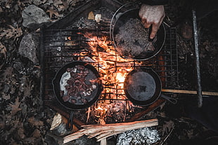 black charcoal griller, fire, camping, nature, food