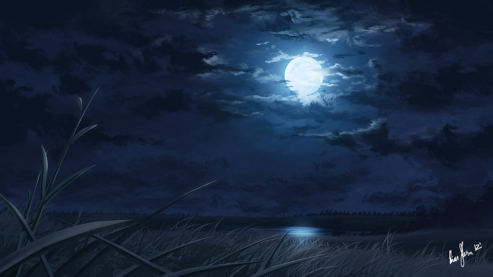 full moon painting, night, Moon, moonlight, lake HD wallpaper
