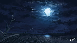 full moon painting, night, Moon, moonlight, lake