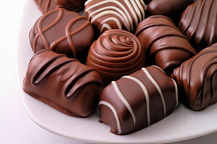 brown and white chocolates on white ceramic plate