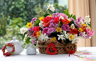 flower arrangement on brown wicker basket HD wallpaper