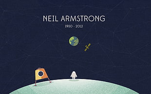 blue background with text overlay, Neil Armstrong, minimalism, astronaut, space art