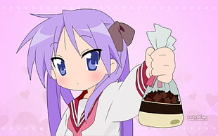 purple haired girl anime character holding grey bag HD wallpaper