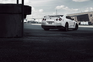 white sports car, car, Nissan, Nissan GTR, cityscape