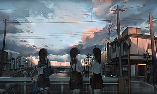 three female anime character illustration, anime