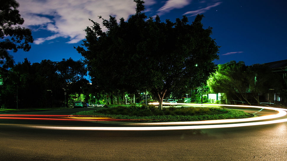 green leafed tree, roundabouts, long exposure, road, trees HD wallpaper