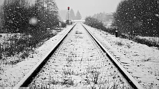 snow covered railroad, railway, snow, winter, snowing HD wallpaper