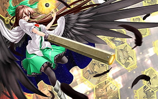 woman wears green and white school uniform with grey weapon and black wings anime character