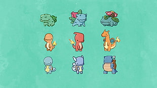 nine Pokemon characters illustration, Pokémon, starters, minimalism, video games