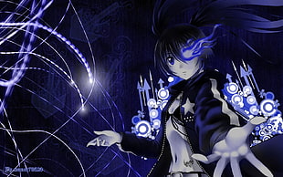 black hair female anime character with blue and white track jacket HD wallpaper