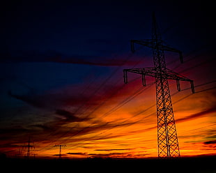 gray utility post, sunset, power lines, silhouette, utility pole HD wallpaper