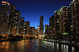 high rise buildings with lights at night, chicago