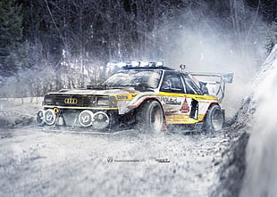 yellow and black Audi rally car, car, YASIDDESIGN, render, artwork