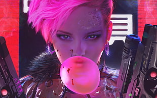 female character with pistols wallpaper, cyberpunk, futuristic, bubble gum, pink hair