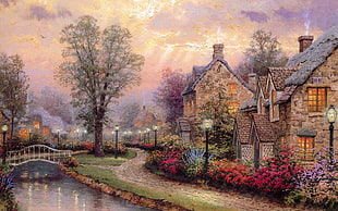 houses near river painting HD wallpaper