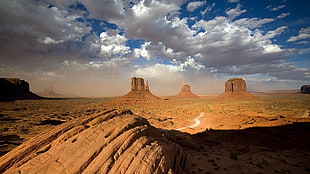 three brown rock formations, landscape, rock, mountains, desert HD wallpaper