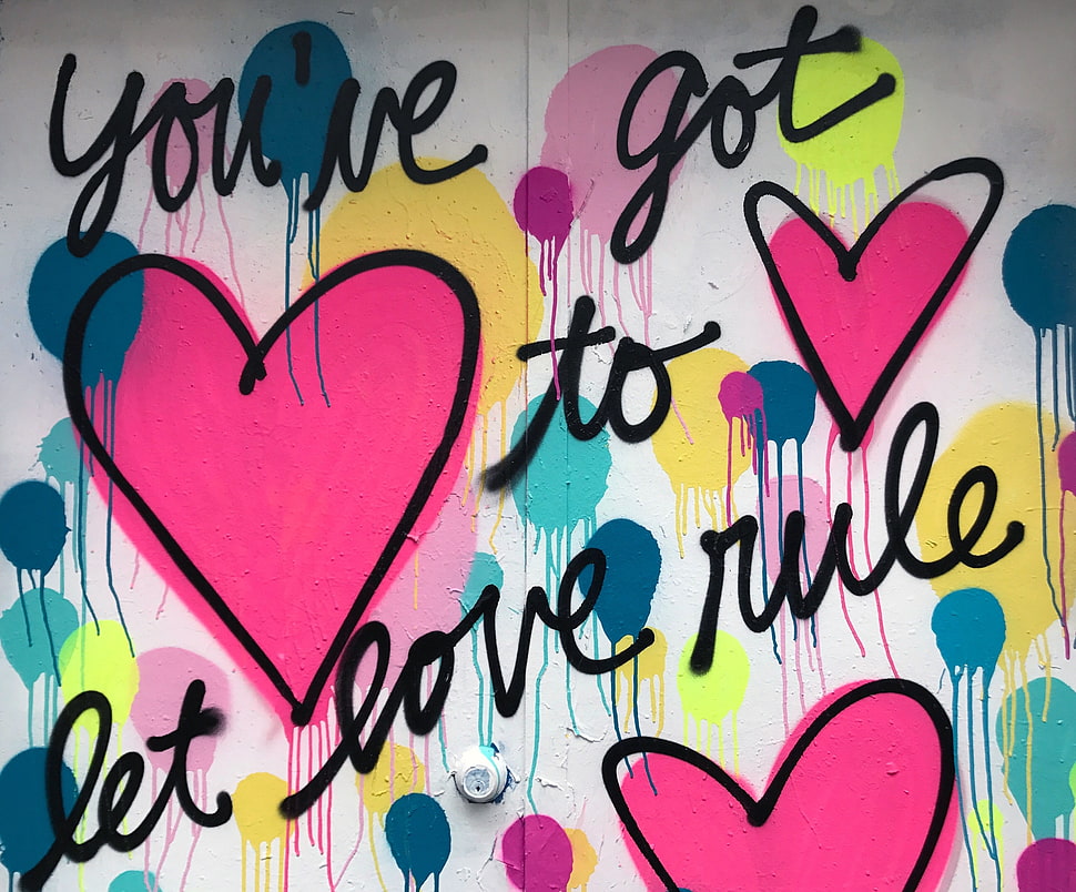 pink, blue, and yellow Love Rule artwork HD wallpaper
