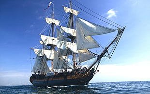 brown and white sailing boat, sailing ship, sea, vehicle