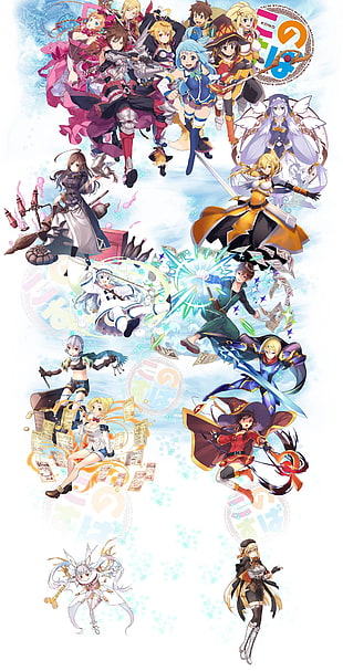 assorted color of character action figures, Kono Subarashii Sekai ni Shukufuku wo!, Satō Kazuma (Kono Subarashii Sekai ni Shukufuku wo!), Megumin, Darkness (KonoSuba) HD wallpaper