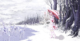 female anime character under pink umbrella near bare tree illustration, anime, winter, Touhou, Remilia Scarlet HD wallpaper