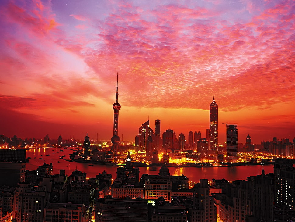 silhouette photo of Oriental Pearl, Shanghai HD wallpaper