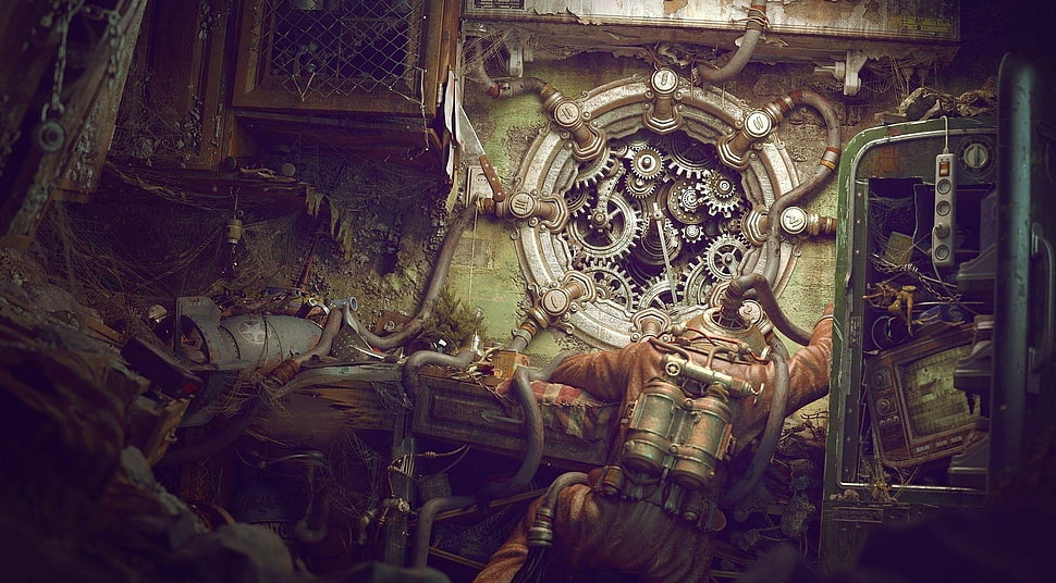 illustration of diver near machine HD wallpaper