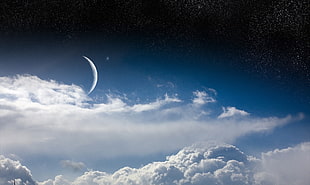 white cloudy sky, space art, sky, stars, Moon