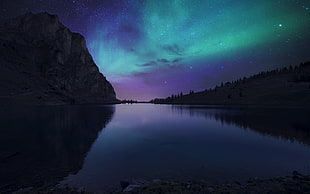 large body of water beside mountain during nighttime