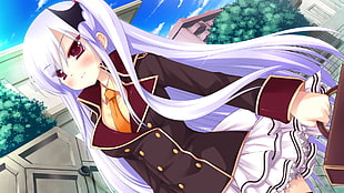 silver haired female wearing school uniform anime character