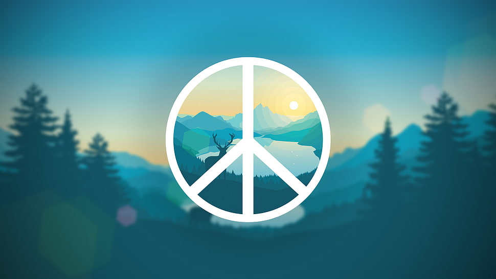 round white and blue analog wall clock, blurred, nature, peace sign, deer HD wallpaper