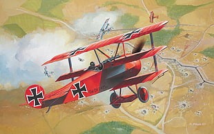 red and black tri-plane, Red Baron, Trenches, airplane, artwork
