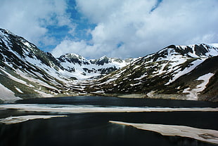 photograph of snow-covered mountain near lake at daytime