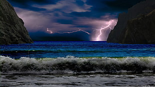 lightning and ocean waves, landscape, beach, sea, storm