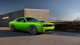 green coupe, car, vehicle, green cars, Dodge Challenger Hellcat HD wallpaper