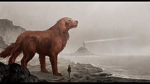 person standing next to brown dog