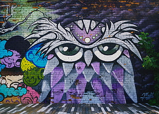 white, purple, and black abstract owl painting