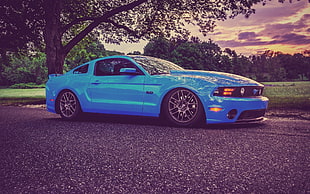 blue Ford Mustang GT coupe, Ford Mustang, muscle cars, lowrider, tuning HD wallpaper