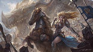 online game application wallpaper, fantasy art, warrior, dragon, army