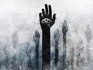 human hands illustration, hands, Alex Cherry, eyes, monochrome
