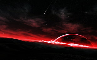 red planet graphics wallpaper, stars, planet, mountains, snowy peak