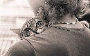grayscale photo of person embracing cat