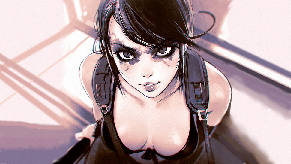 black-haired female anime character in black top wallpaper, digital art, women, original characters, artwork HD wallpaper