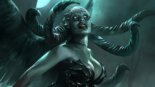 female character digital wallpaper, artwork, Magic: The Gathering, cleavage, demon