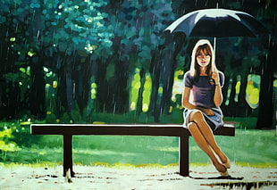 woman sitting on bench with umbrella painting