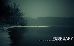 body of water near trees with text overlay, February, month, nature, cold