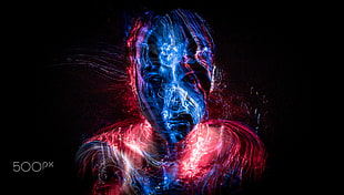blue and red abstract art, Gunnar Heilmann, digital art, colorful, face